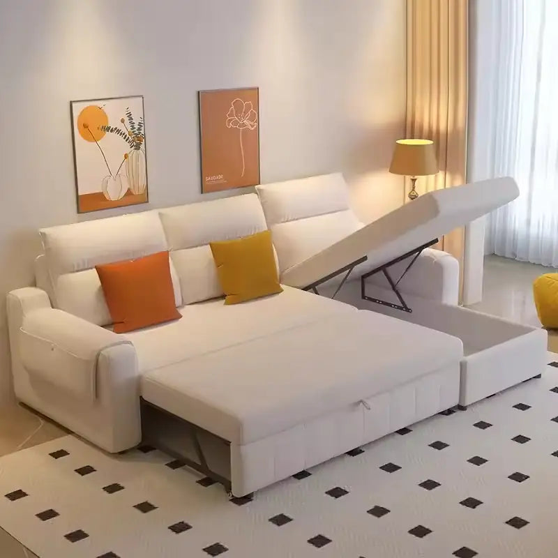 Sofa cum bed bed with wide cushioned arms, shown as a flexible seating and sleeping option