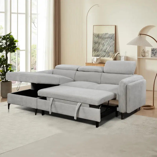 Grey L shape sofa bed with hidden storage, shown as a flexible seating and sleeping option