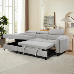 Grey L shape sofa bed with hidden storage, shown as a flexible seating and sleeping option