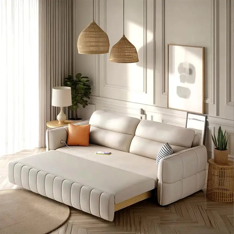 Pull out sofa bed with USB charging, shown as a flexible seating and sleeping option