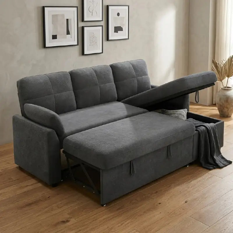 L shape sofa bed with side storage, shown as a flexible seating and sleeping option