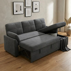 L shape sofa bed with side storage, shown as a flexible seating and sleeping option