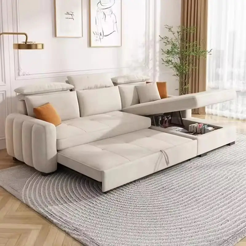 Pull out sofa bed with hidden side storage, shown as a flexible seating and sleeping option