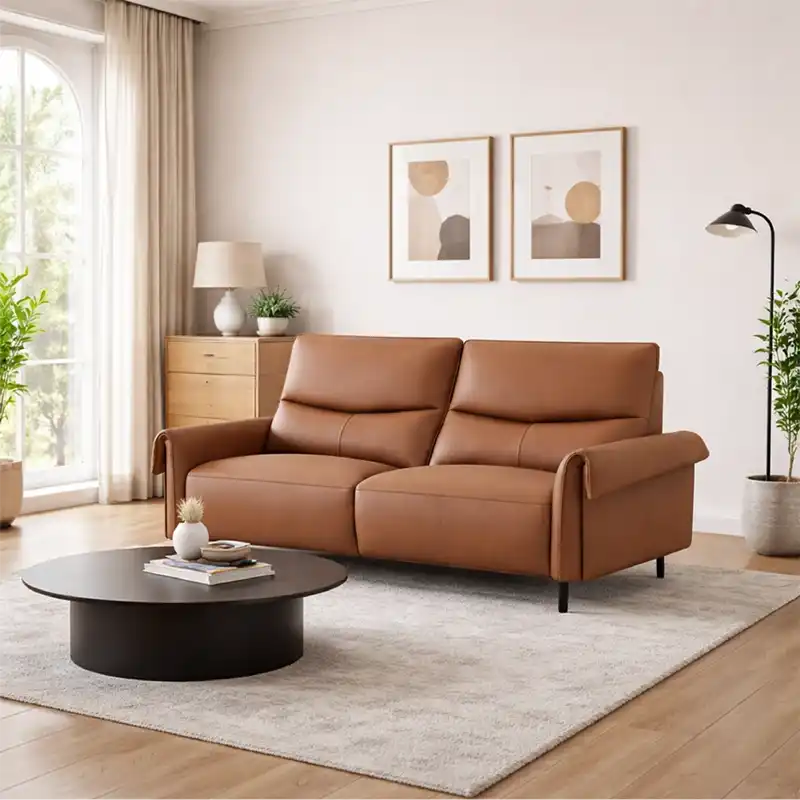 rich tan l shape sofa with smooth easy clean finish, supportive cushions and flexible layout — angled view showing the ful...