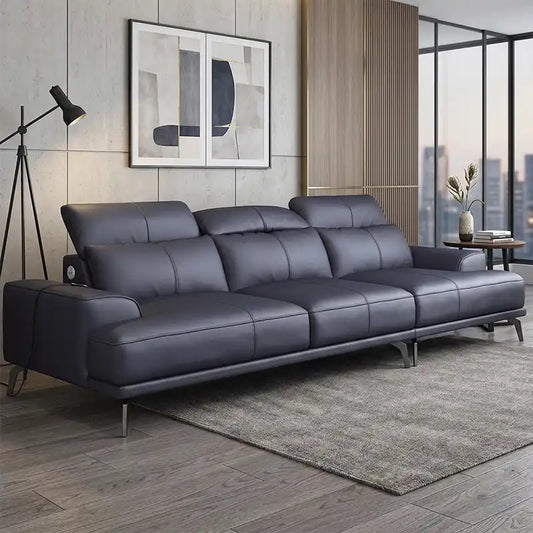 modern l shape sofa with high back cushions, slim metal legs and deep comfortable seating — front view in a bright living...