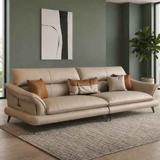 Front angle view of Brondo L Shape Sofa Set in caramel brown faux leather upholstery featuring modern corner sofa layout, luxury sofa comfort, 5 seater sofa capacity, deep seating, black metal legs, premium couch set styling and contemporary living room sofa design