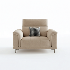 beige l shape sofa with adjustable head support, rounded arms and slim raised legs — alternate angle showing the full dept...