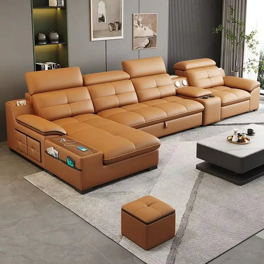 Couch bed with cup holders, USB charging and storage, shown as a flexible seating and sleeping option