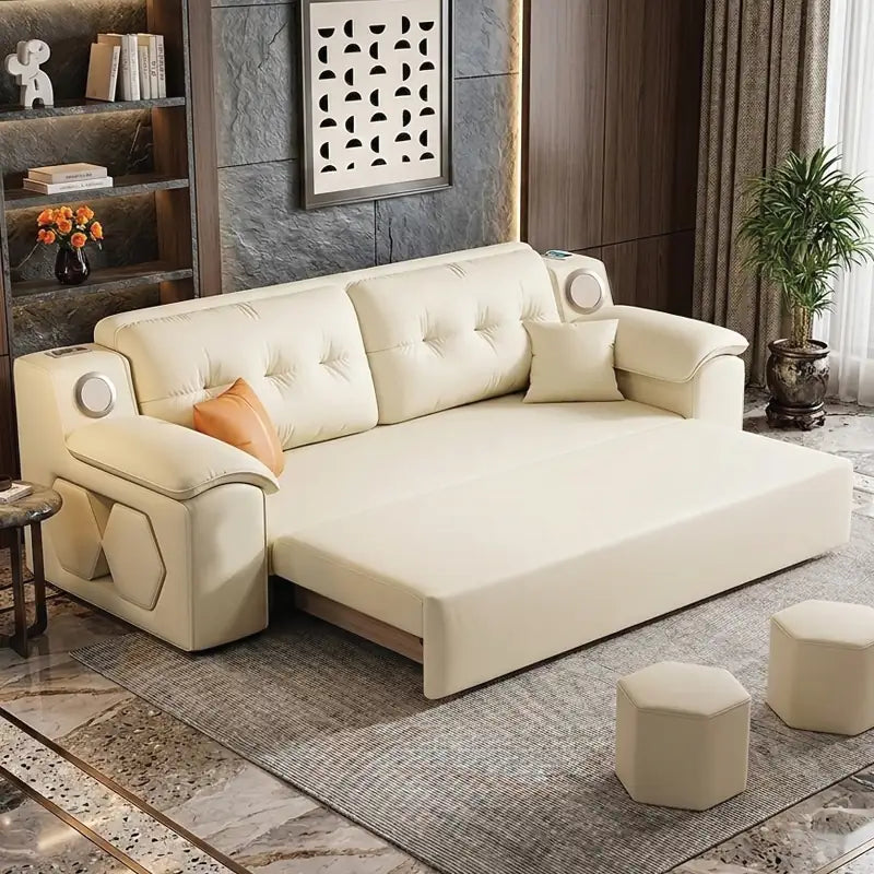 Convertible sofa bed with side shelves, shown as a flexible seating and sleeping option