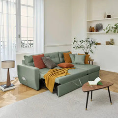 Convertible sofa bed with hidden corner storage, shown as a flexible seating and sleeping option