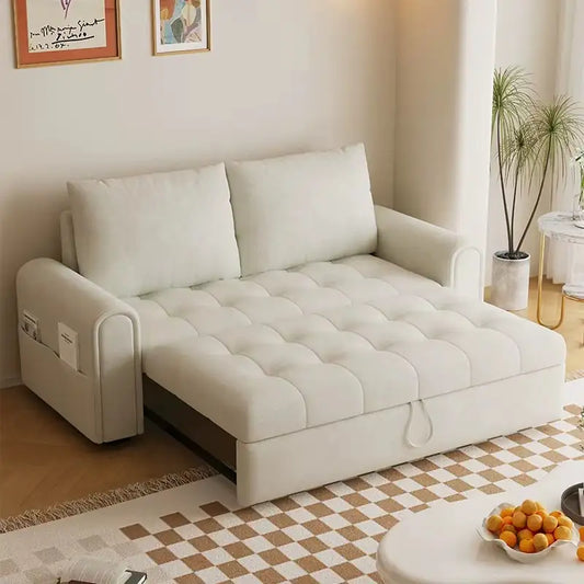 Sofa bed with storage and soft cushions, shown as a flexible seating and sleeping option