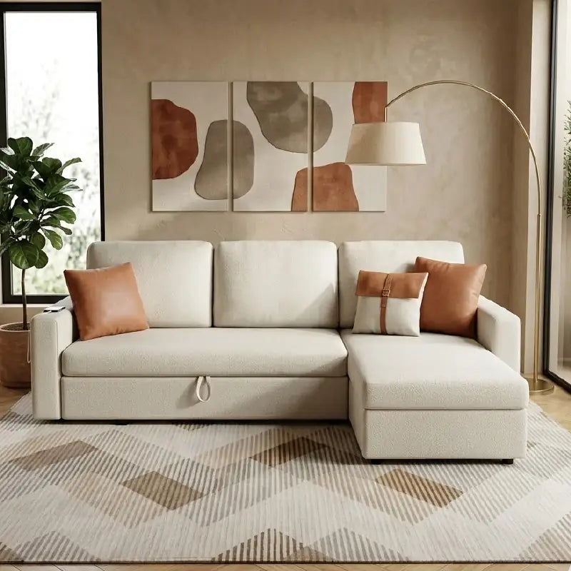 Pull out sofa bed with storage and USB charging, shown as a flexible seating and sleeping option