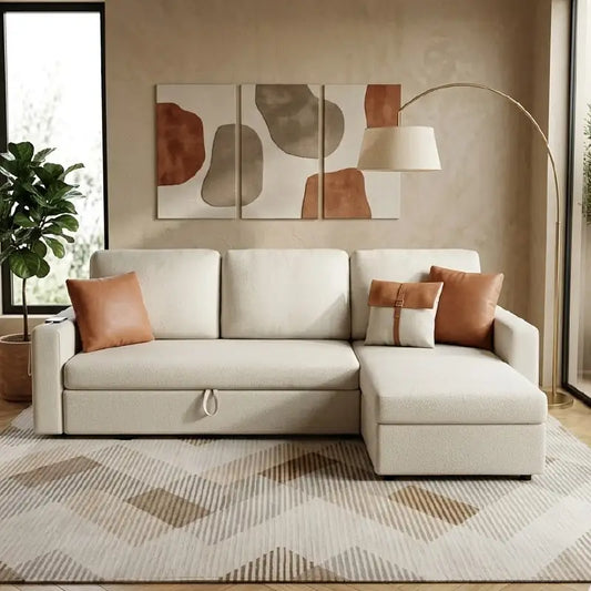 Pull out sofa bed with storage and USB charging, shown as a flexible seating and sleeping option