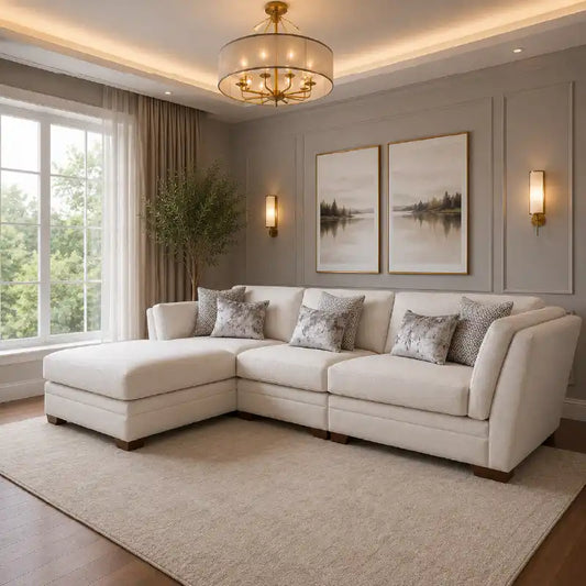 beige corner sofa with a compact l shape, soft cushions and a smooth fabric finish — front view in a bright living room