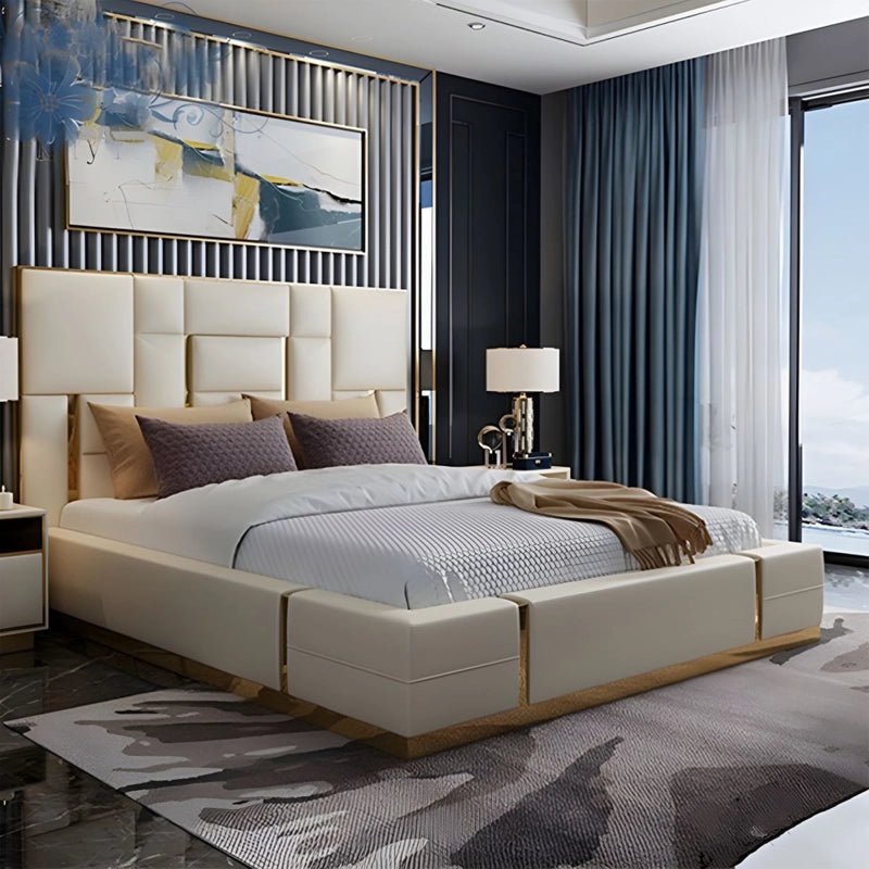 Cream geometric headboard bed frame modern bed design with gold trim upholstery