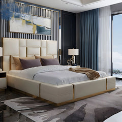 Cream geometric headboard bed frame modern bed design with gold trim upholstery