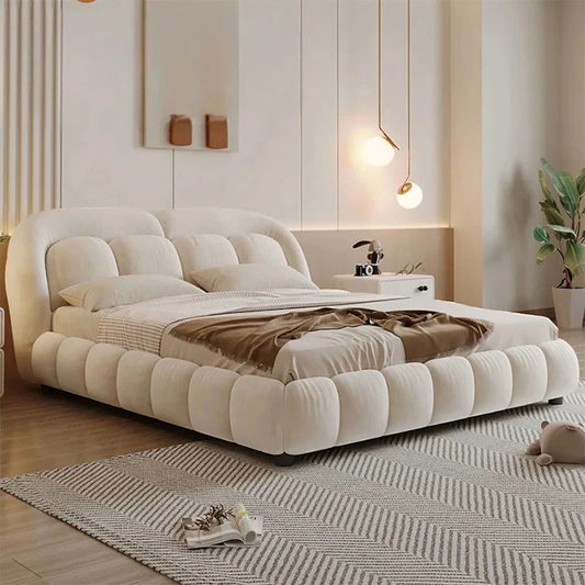 Oversized tufted headboard in beige velvet, custom tailored to order, master bedroom shape