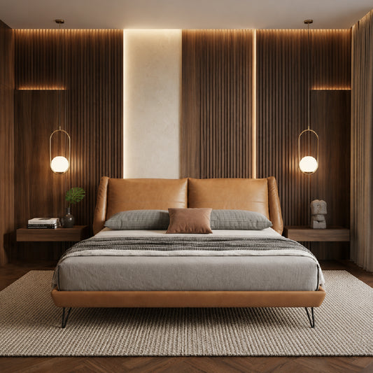 Reclined cushioned bed frame modern bed design tan leatherette upholstered bed