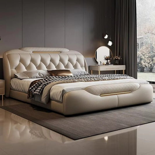 Cream tufted headboard modern bed design bed frame cream leatherette upholstered bed