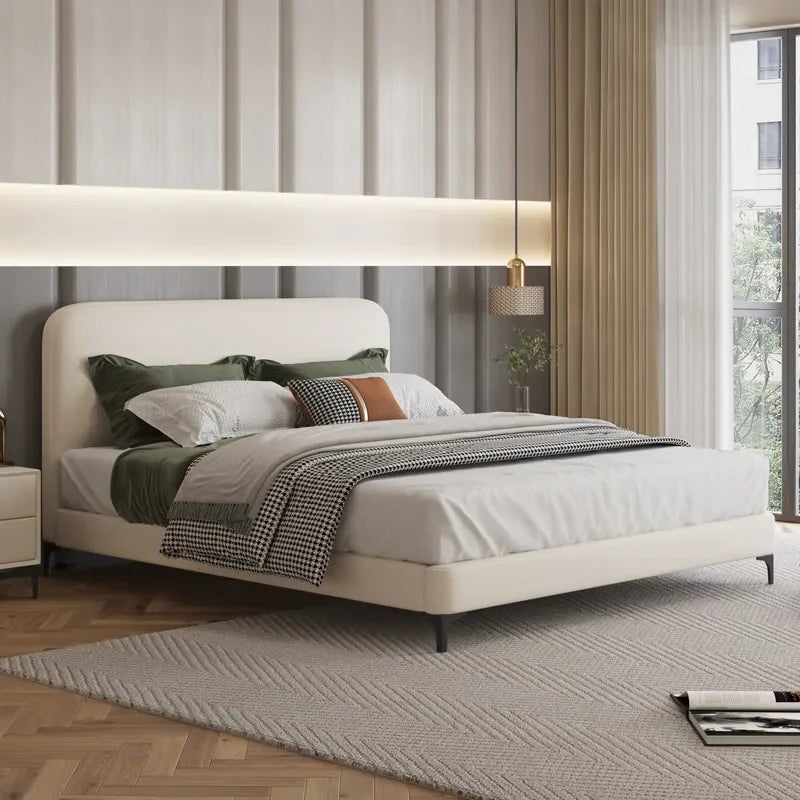 Rounded headboard design with master bedroom bed design + hydraulic bed in off-white fabric