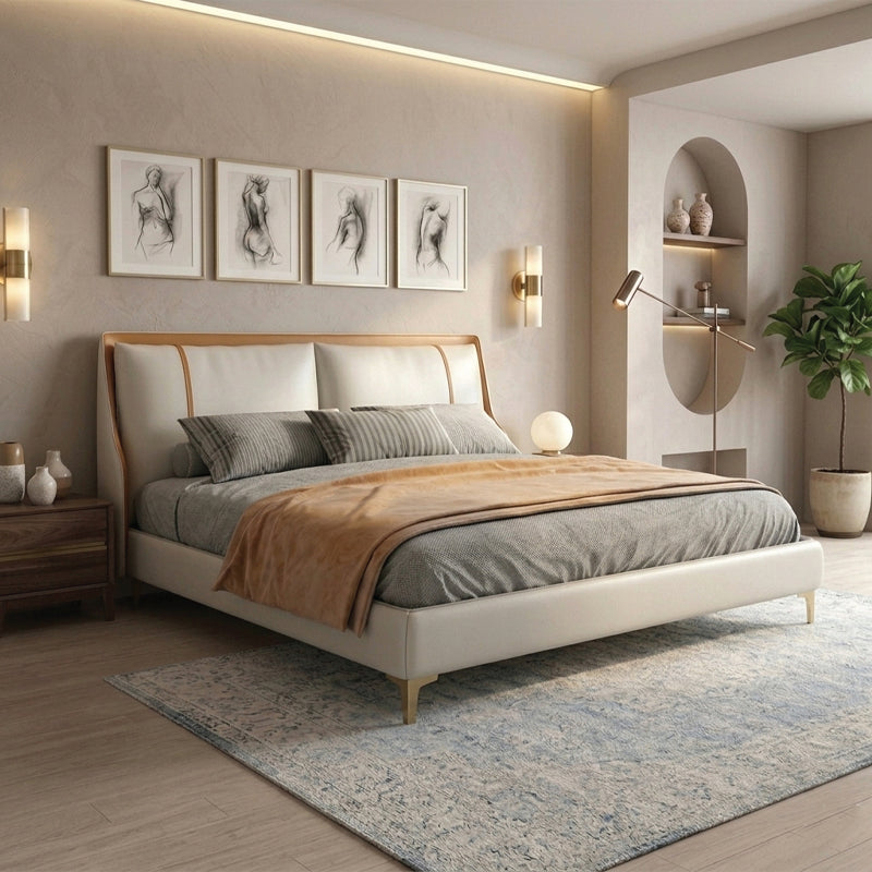 Ivory upholstered wingback bed frame modern bed design beige upholstered bed