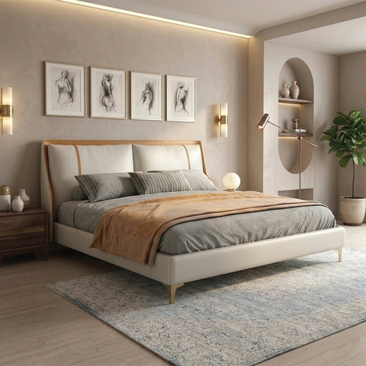 Ivory upholstered wingback bed frame modern bed design beige upholstered bed