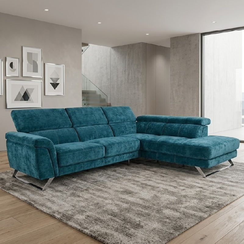 white l shape sofa with wide padded arms, supportive cushions and angled chrome finish legs — front view in a bright livin...