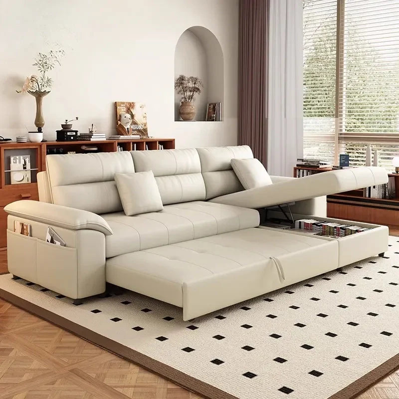 Sofa cum bed with pull-out bed and storage, shown as a flexible seating and sleeping option