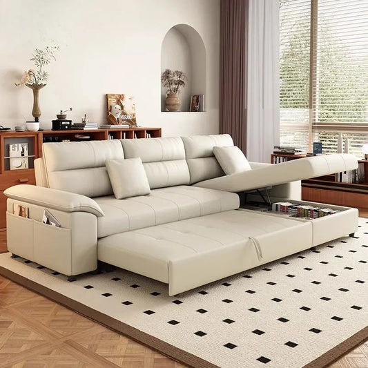 Sofa cum bed with pull-out bed and storage, shown as a flexible seating and sleeping option