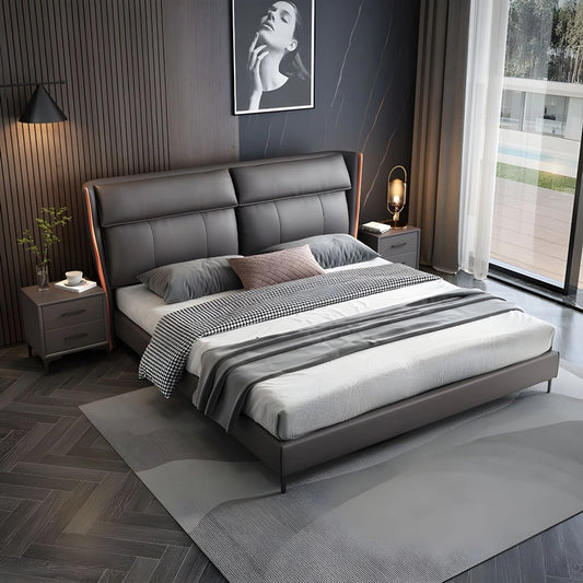 Contemporary leatherette headboard modern bed design bed frame orange accent trims matte grey