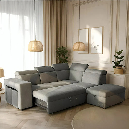 Sofa bed with storage and nested stools, shown as a flexible seating and sleeping option