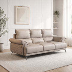 modern l shape sofa with supportive back cushions, neat side details and slim metal legs — side angle showing the arms and...