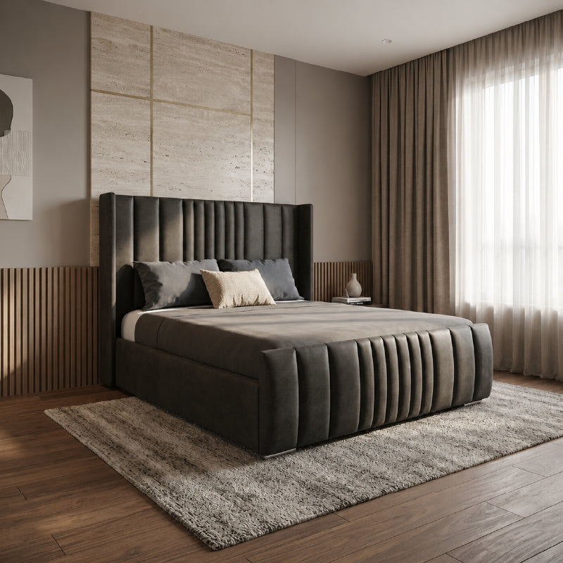 Vertical tufted velvet hydraulic bed frame cream modern bed design