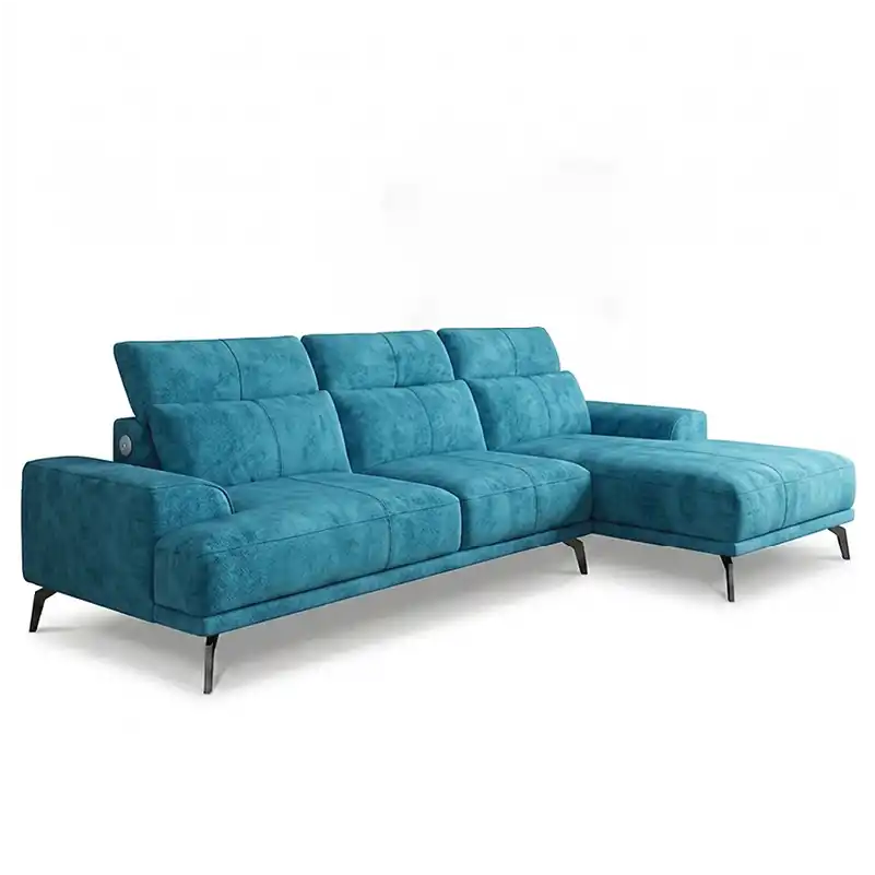 modern l shape sofa with high back cushions, slim metal legs and deep comfortable seating — room setting showing the relax...