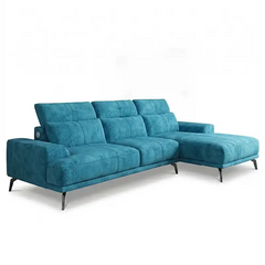 modern l shape sofa with high back cushions, slim metal legs and deep comfortable seating — room setting showing the relax...