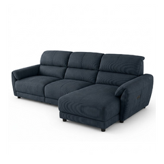 tan l shape sofa with deep cushions, supportive back panels and wide padded arms — full view with the complete shape clear...