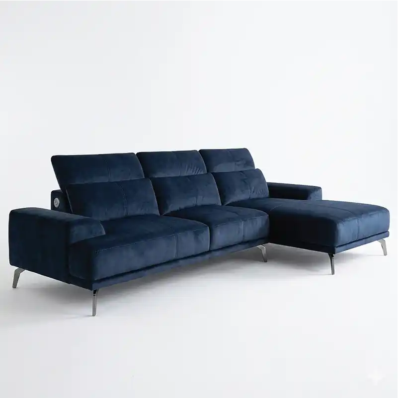 modern l shape sofa with high back cushions, slim metal legs and deep comfortable seating — front view in a bright living...