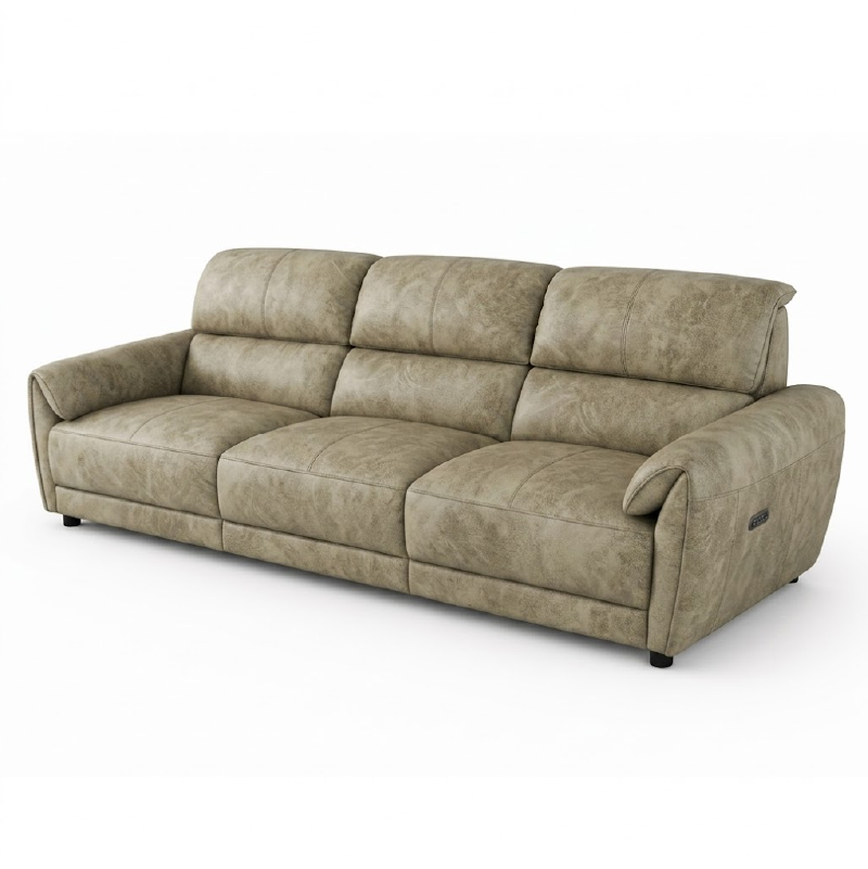 tan l shape sofa with deep cushions, supportive back panels and wide padded arms — wide room view showing the complete sea...