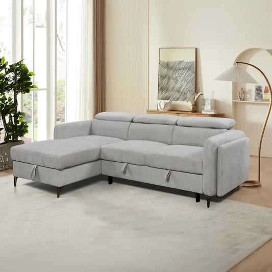 Grey L shape sofa bed with hidden storage, with a pull-out sleeping area for overnight guests