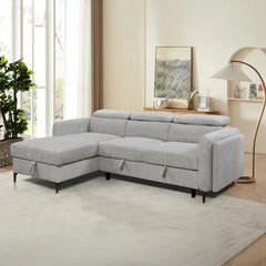 Grey L shape sofa bed with hidden storage, with a pull-out sleeping area for overnight guests