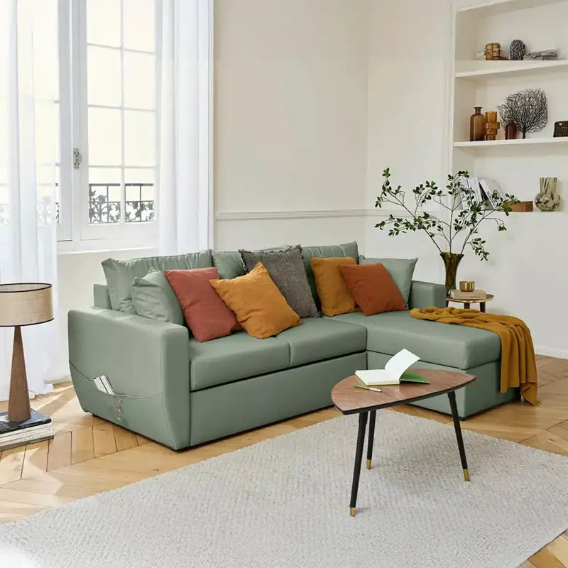 Convertible sofa bed with hidden corner storage, with a pull-out sleeping area for overnight guests