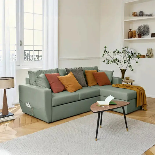 Convertible sofa bed with hidden corner storage, with a pull-out sleeping area for overnight guests