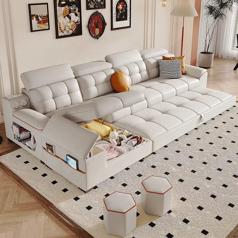 Smart convertible sofa bed with Bluetooth speakers, with a pull-out sleeping area for overnight guests