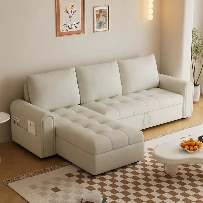 Sofa bed with storage and soft cushions, with a pull-out sleeping area for overnight guests