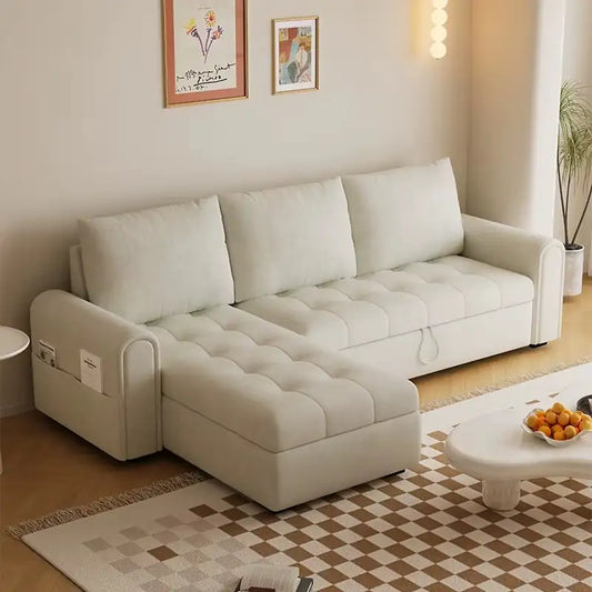 Sofa bed with storage and soft cushions, with a pull-out sleeping area for overnight guests