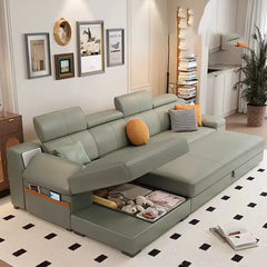 Sofa bed with storage, USB charging and speaker, with a pull-out sleeping area for overnight guests