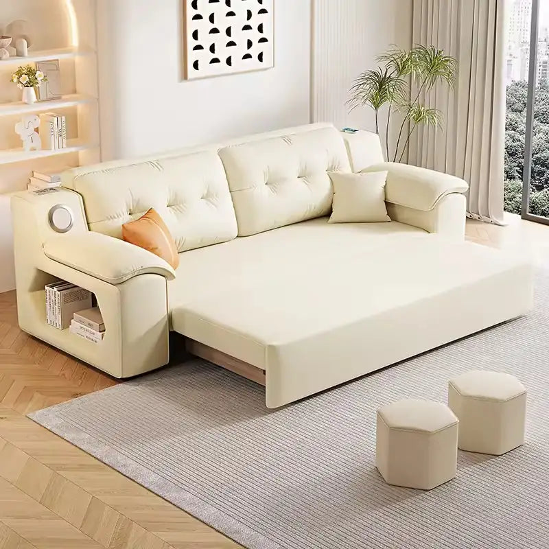 Convertible sofa bed with side shelves, with a pull-out sleeping area for overnight guests