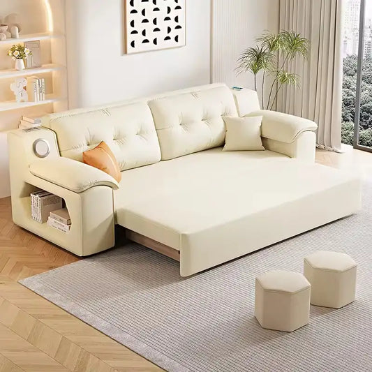 Convertible sofa bed with side shelves, with a pull-out sleeping area for overnight guests