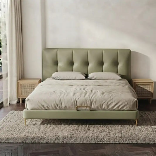 King size upholstered bed featuring hydraulic bed storage, vertical channel tufted headboard, leatherette upholstery and modern bed frame design