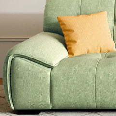 modern fabric sofa with clean square cushion details, soft arms and a simple balanced shape — side angle showing the arms...